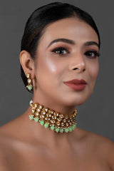 Pastel Green Gold Tone Kundan Beaded Choker Necklace With Earrings