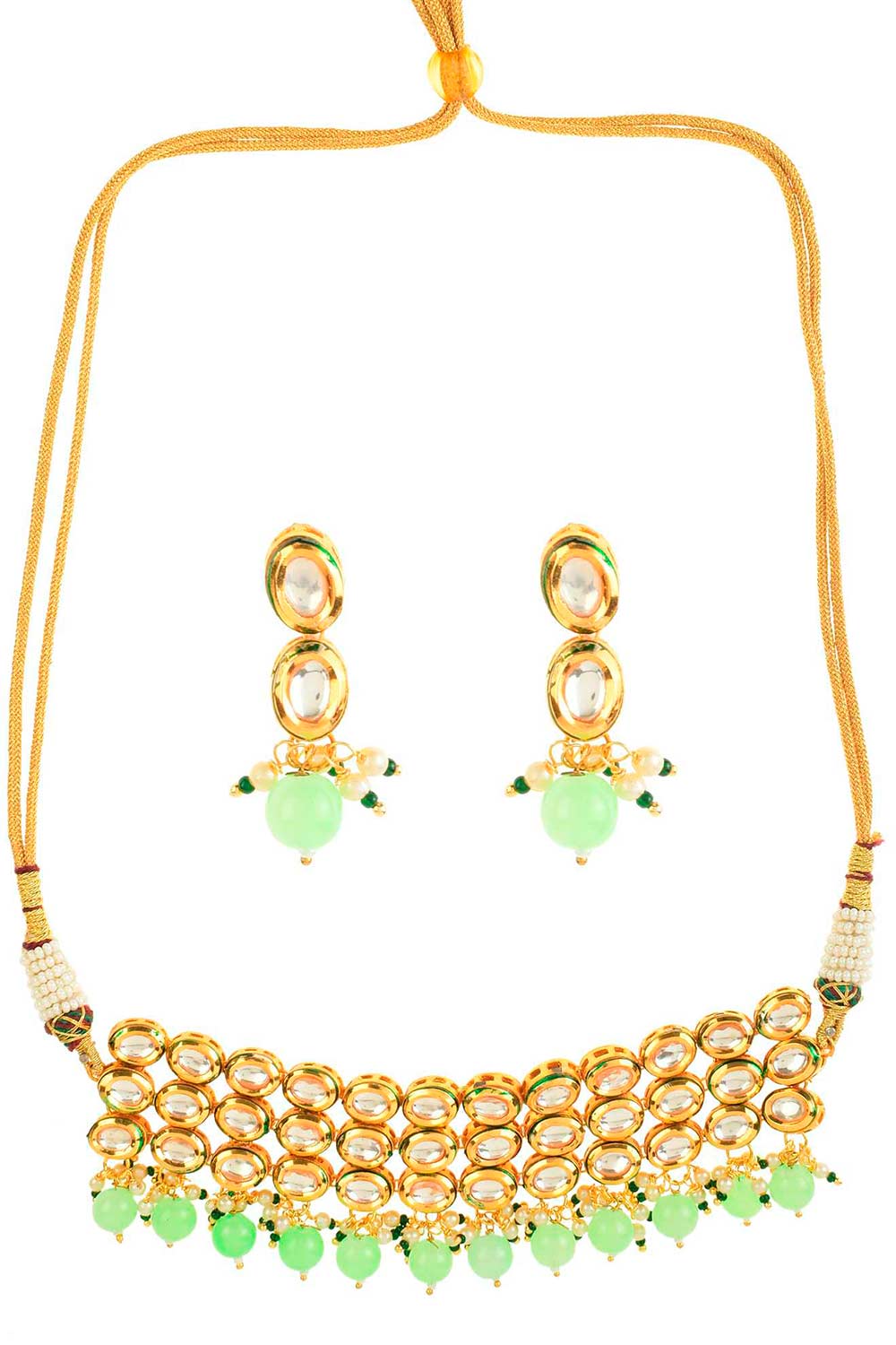 Pastel Green Gold Tone Kundan Beaded Choker Necklace With Earrings