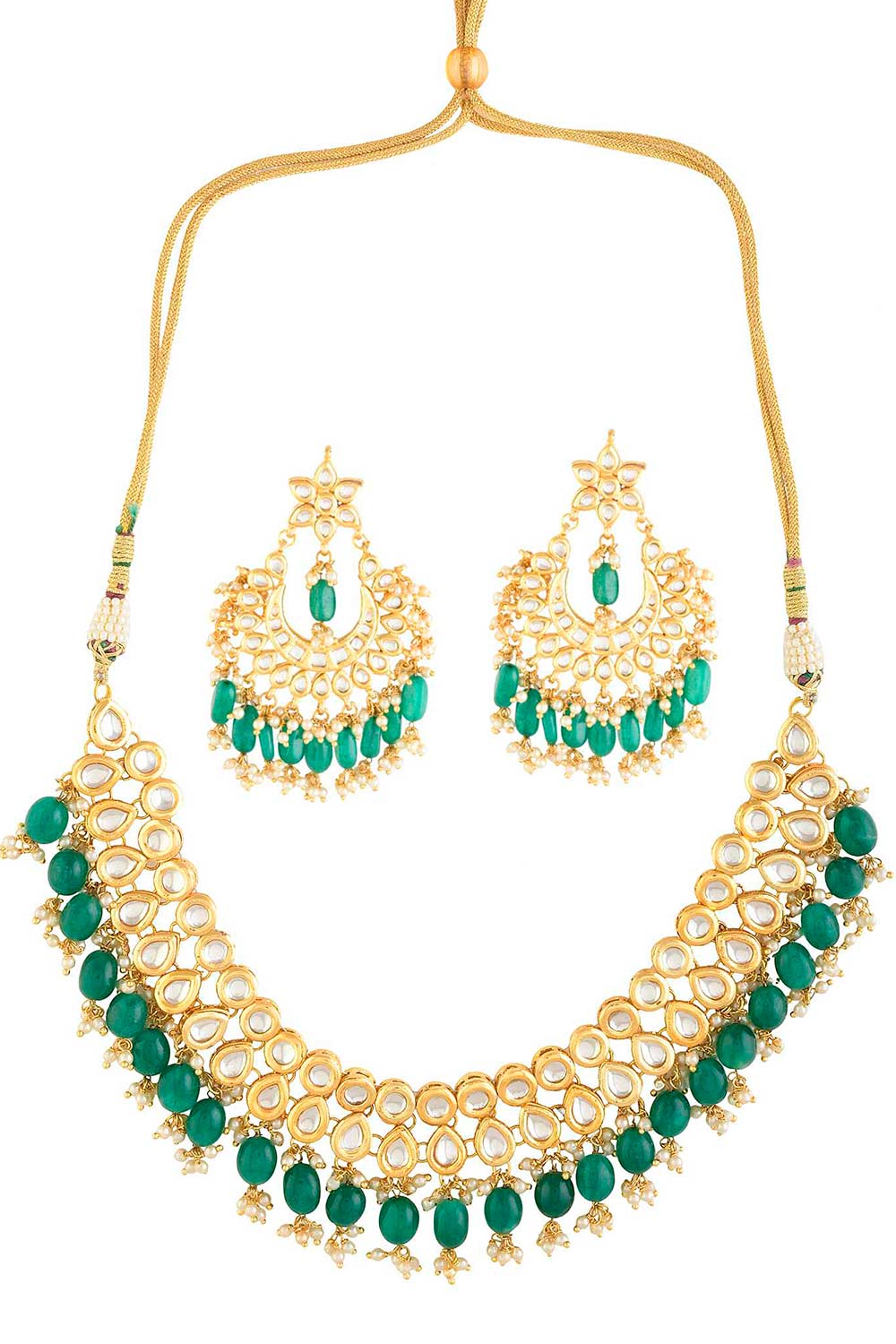 Emerald Beaded Gold Toned Kundan Embellished Necklace With Chandbali