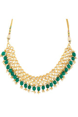 Emerald Beaded Gold Toned Kundan Embellished Necklace With Chandbali