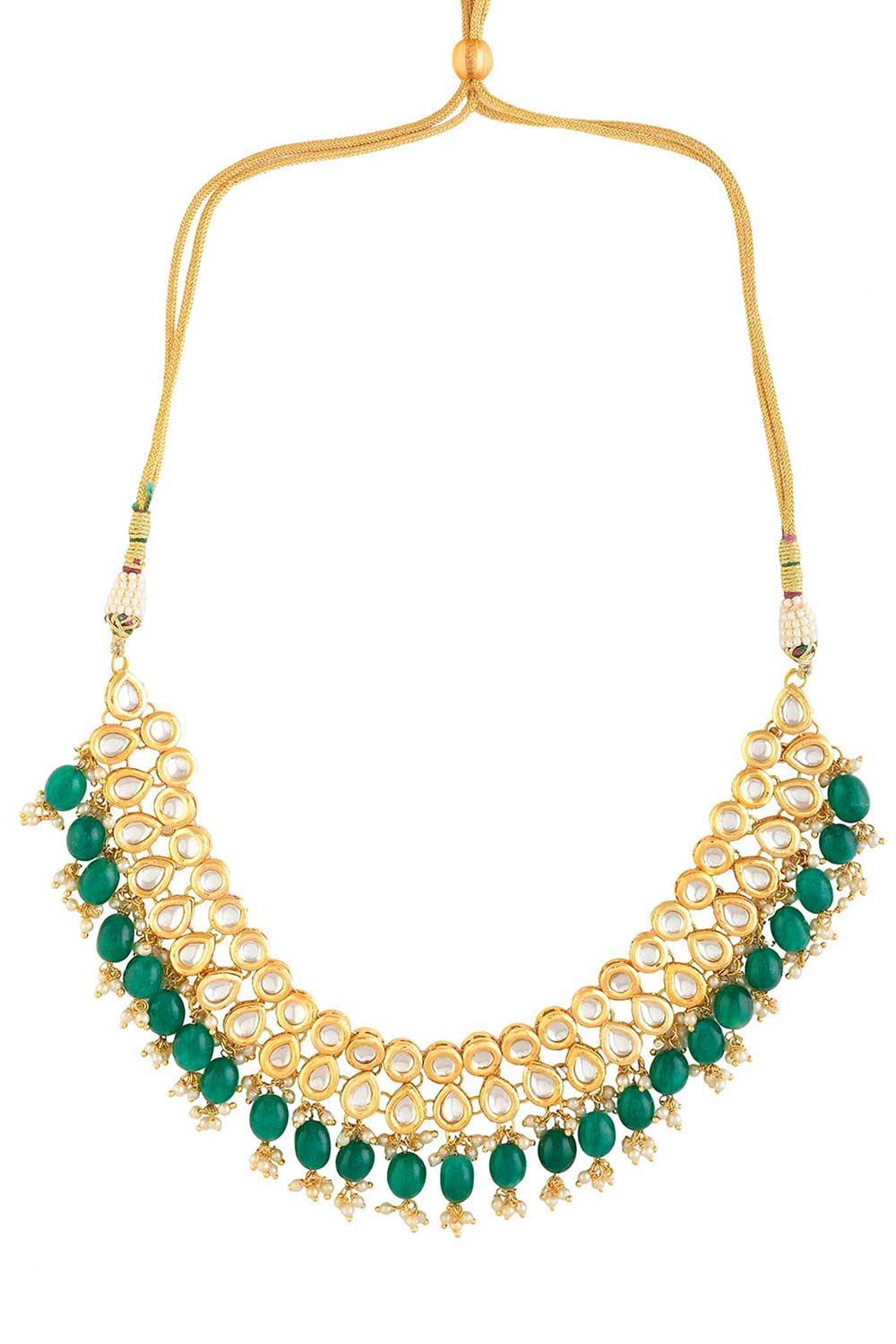 Emerald Beaded Gold Toned Kundan Embellished Necklace With Chandbali