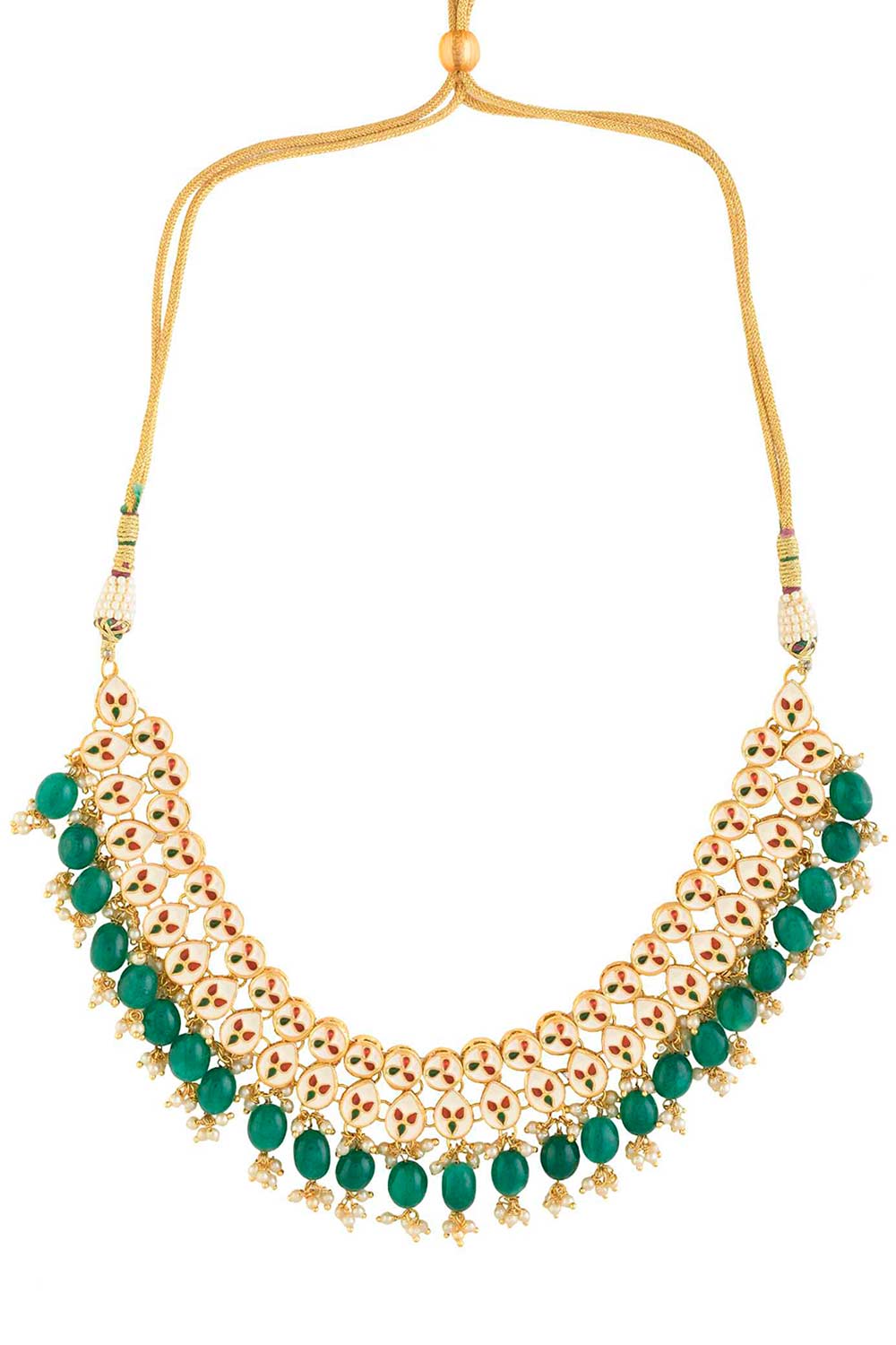 Emerald Beaded Gold Toned Kundan Embellished Necklace With Chandbali