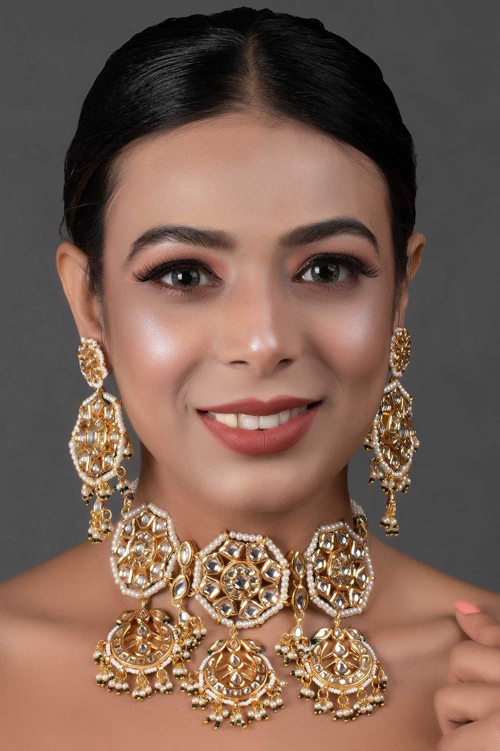 Kundan Inspired Pearl Necklace With Earrings