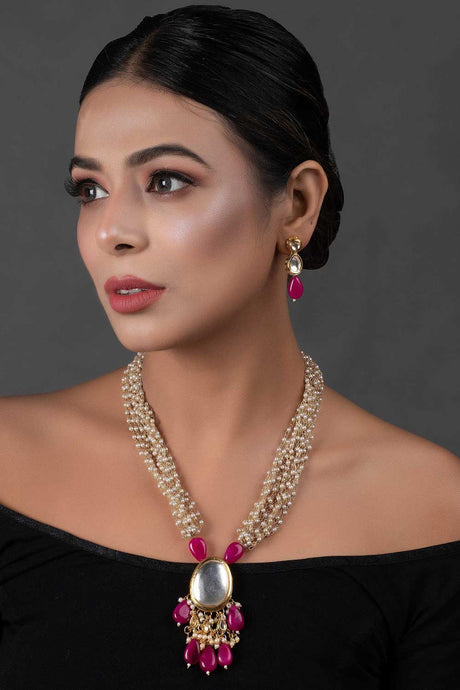 Ruby Beaded Kundan Necklace With Earrings