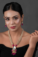 Ruby Beaded Kundan Necklace With Earrings