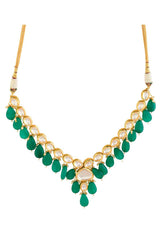 Emerald Beaded Gold Toned Kundan Inspired Necklace With Earrings