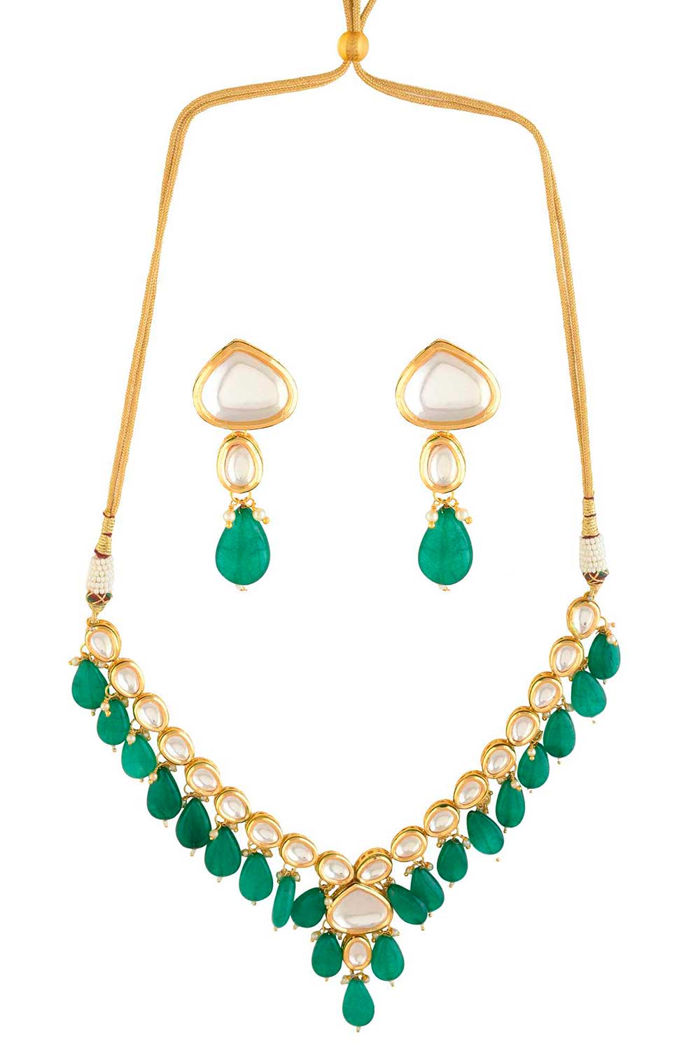 Emerald Beaded Gold Toned Kundan Inspired Necklace With Earrings