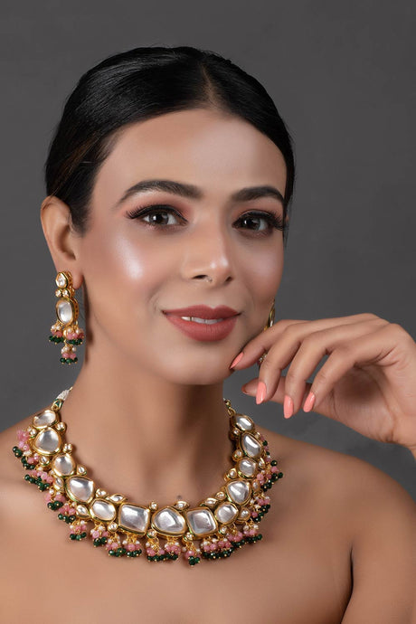 Pink Green Gold Tone Kundan Necklace with Earrings