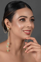 Gold Tone Kundan Inspired Pearl Tassel Earrings With Hair Chain