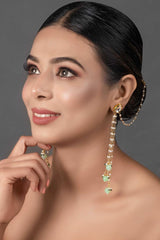 Gold Tone Kundan Inspired Pearl Tassel Earrings With Hair Chain