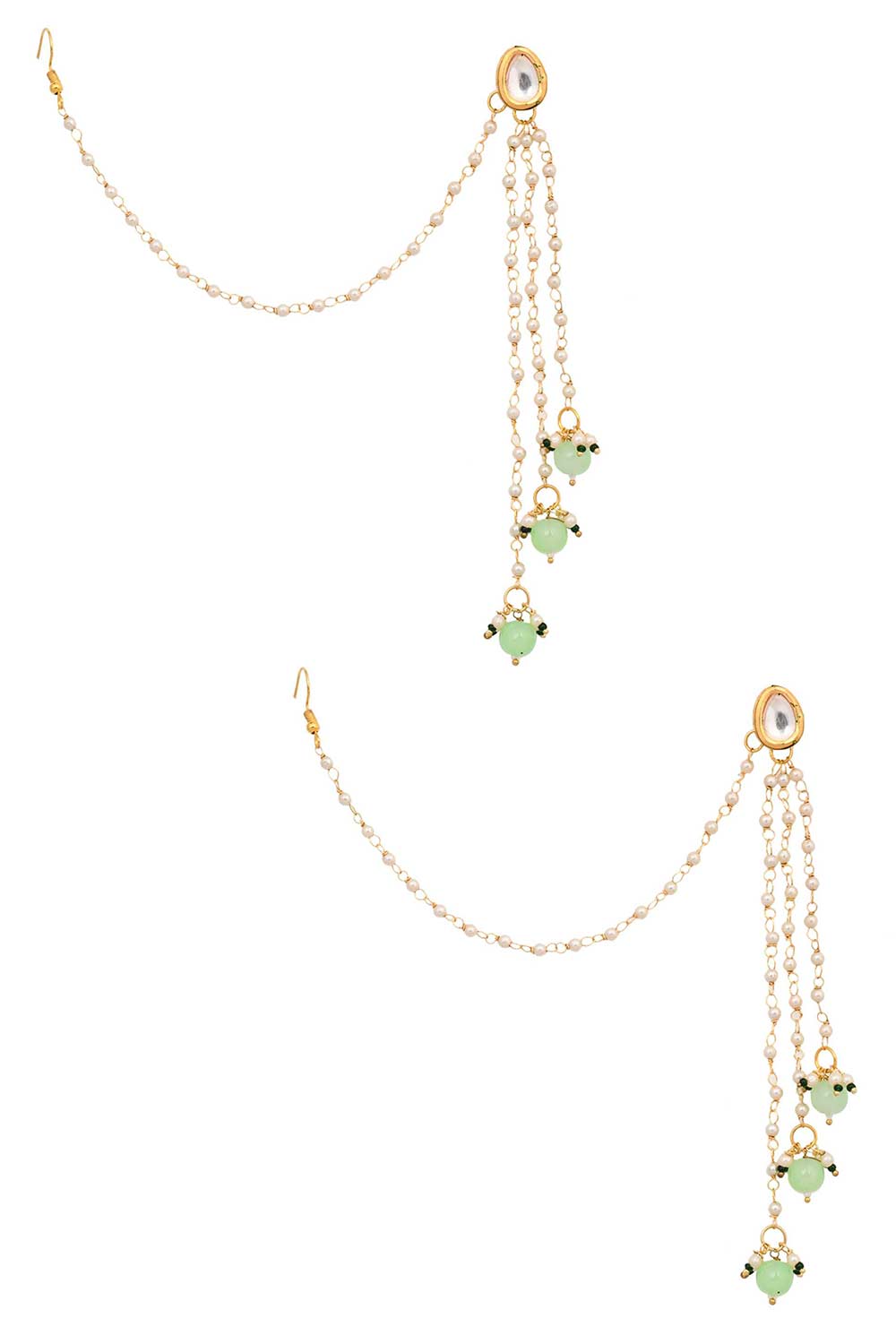 Gold Tone Kundan Inspired Pearl Tassel Earrings With Hair Chain