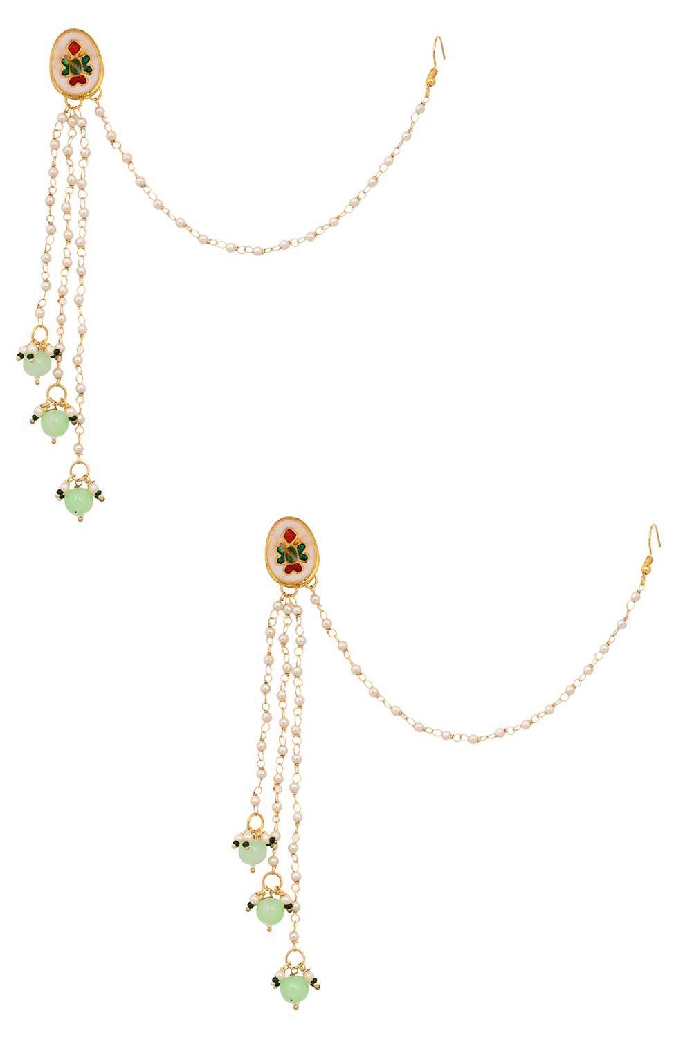 Gold Tone Kundan Inspired Pearl Tassel Earrings With Hair Chain