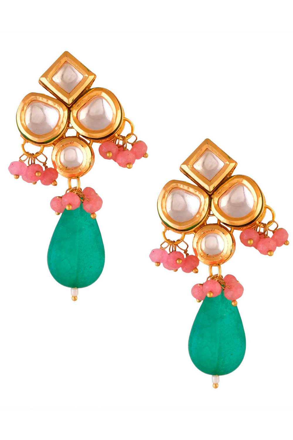 Green Pink  Beaded Kundan Inspired Earrings