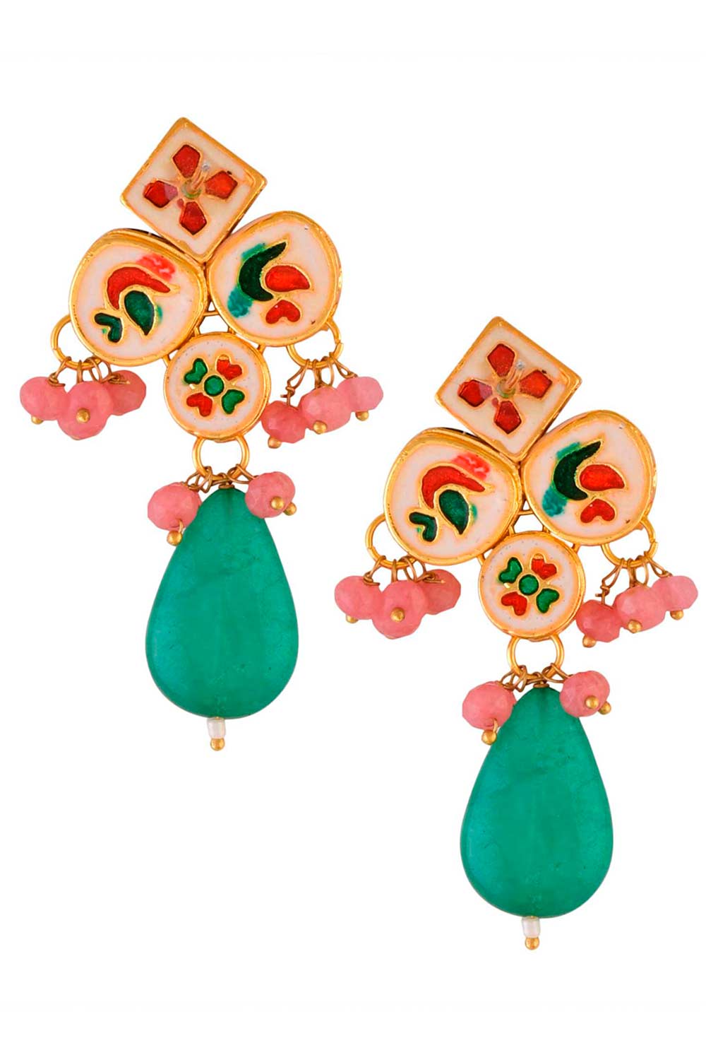 Green Pink  Beaded Kundan Inspired Earrings