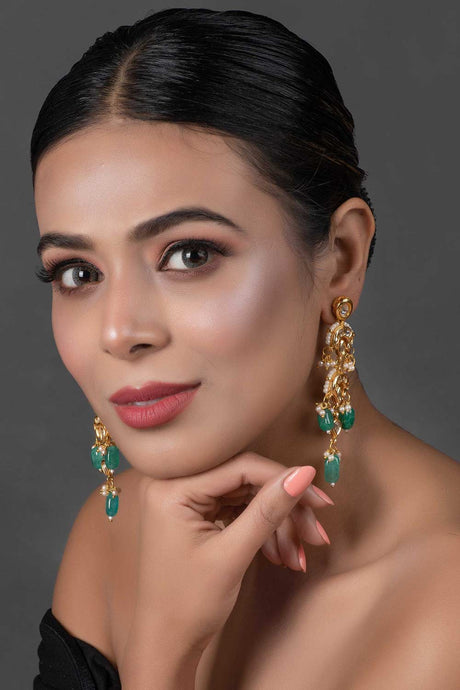 Emerald Beaded Kundan Contemporary Earrings