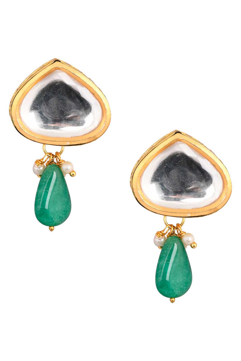 Gold Tone Emerald Beaded Kundan Contemporary Studs