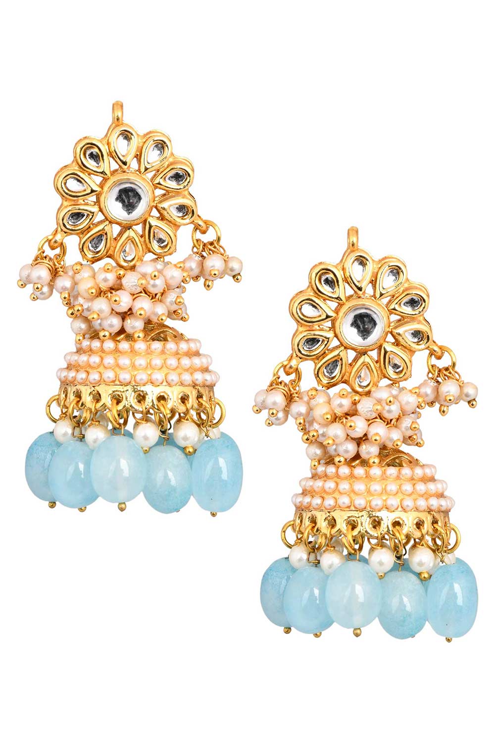 Gold Tone Blue Pearl Beaded Kundan Jhumki