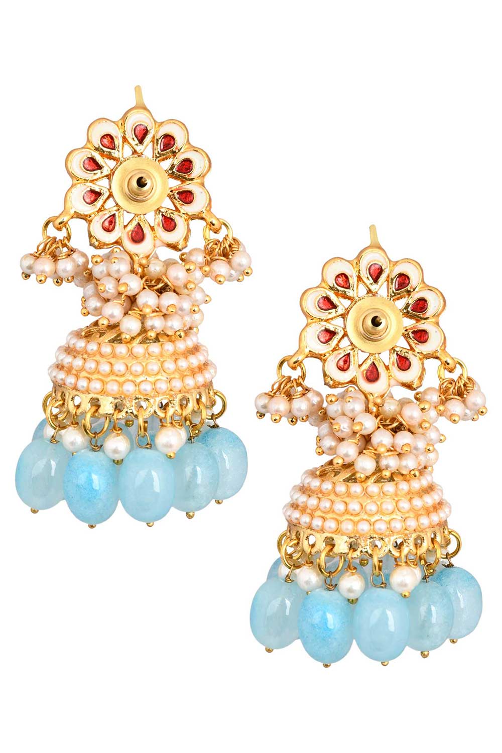 Gold Tone Blue Pearl Beaded Kundan Jhumki