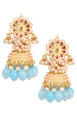 Gold Tone Blue Pearl Beaded Kundan Jhumki