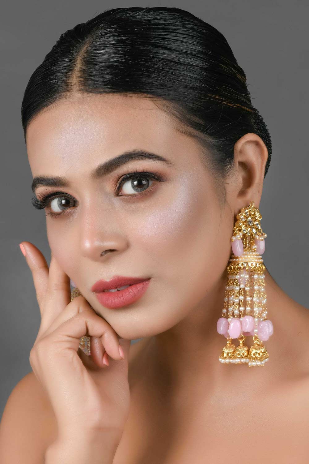 Pink Gold Tone Kundan Jhumki