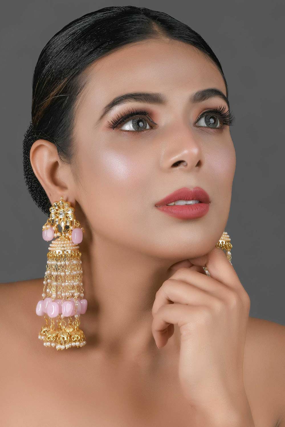 Pink Gold Tone Kundan Jhumki