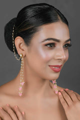 Gold Tone Kundan Inspired Pearl Tassel Earrings With Hair Chain