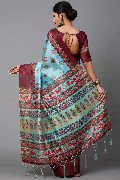 Linen Blend Turquoise Printed Designer Saree With Blouse