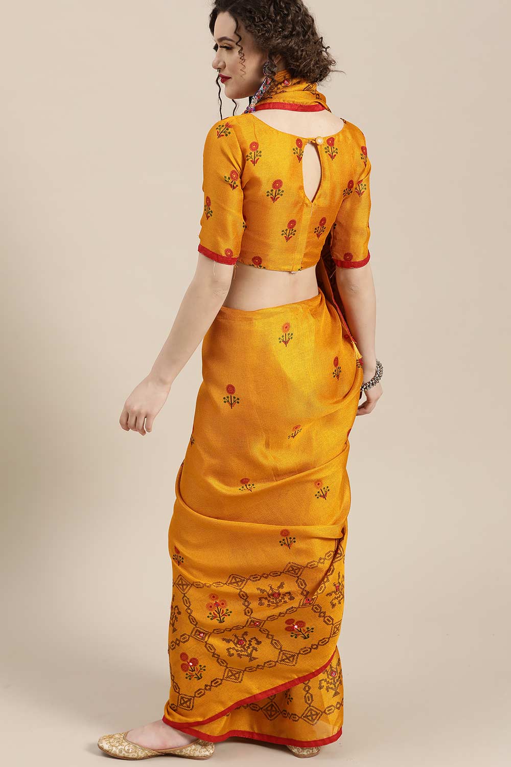 Buy Jute Art Silk Floral Block Printed Saree in Mustard Online - Back