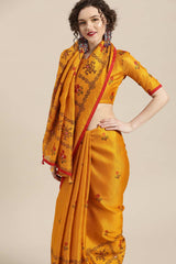 Buy Jute Art Silk Floral Block Printed Saree in Mustard Online - Front