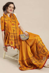 Buy Jute Art Silk Floral Block Printed Saree in Mustard Online