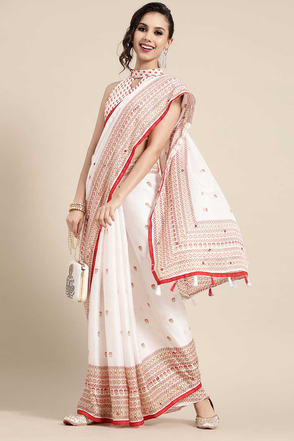 White Jute Silk Floral Embellished Banarasi Saree