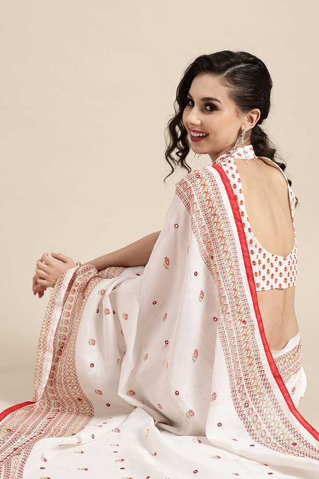 White Jute Silk Floral Embellished Banarasi Saree