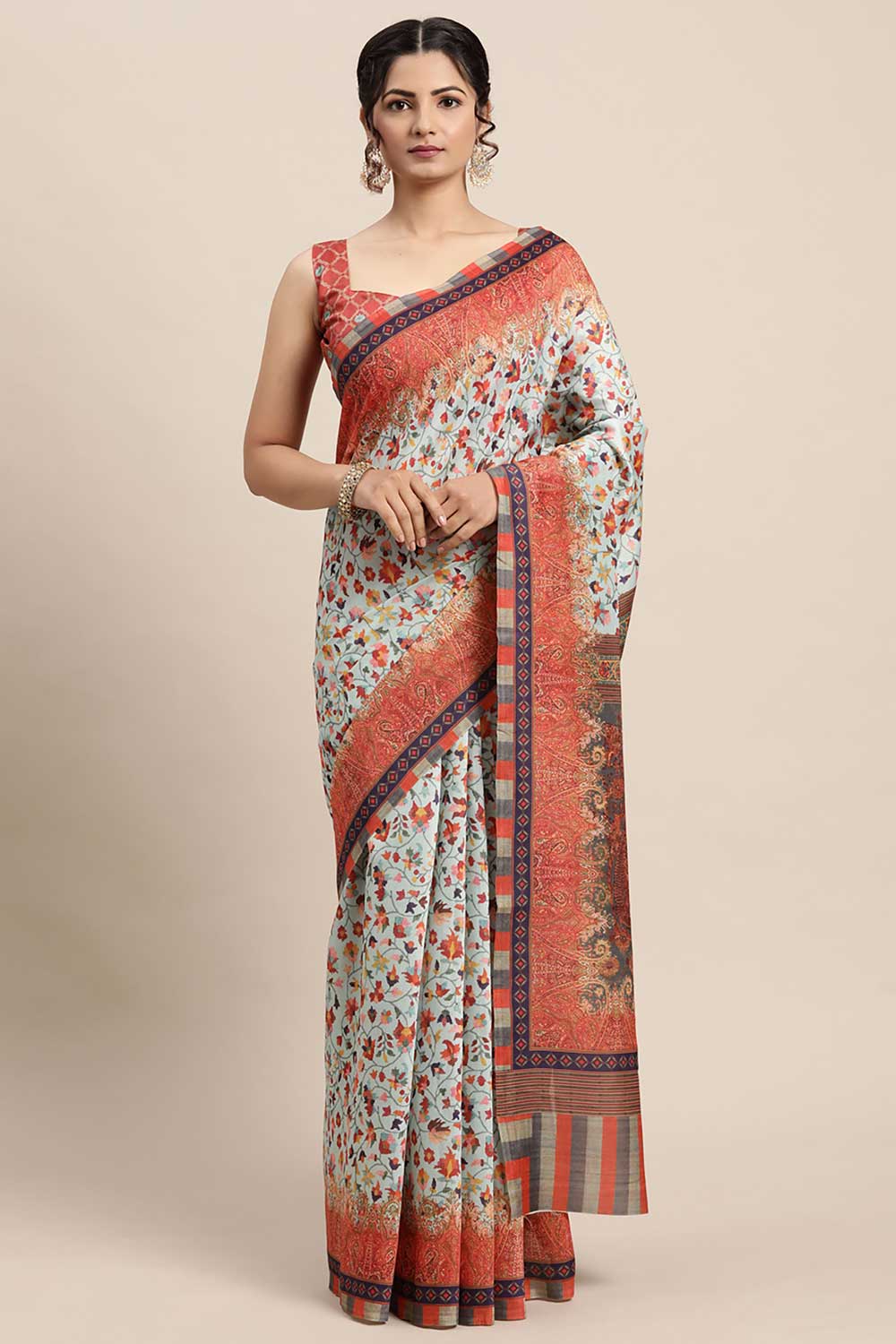 Sea Green Poly Silk Paisley Print Pochampally Saree