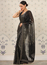 Black Georgette Sequins Work Woven Saree