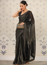 Black Georgette Sequins Work Woven Saree