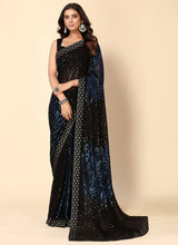 Blue & Black Georgette Sequins Work Woven Saree