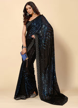 Blue & Black Georgette Sequins Work Woven Saree