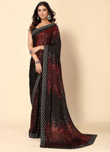 Red & Black Georgette Sequins Work Woven Saree