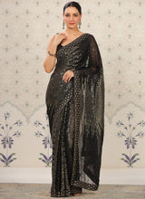 Black Georgette Sequins Work Woven Saree