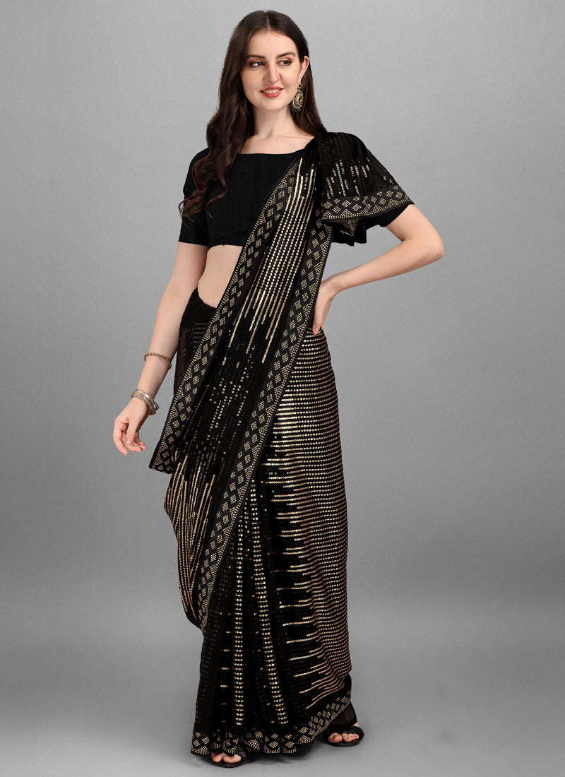 Gold & Black Georgette Sequins Work Woven Saree