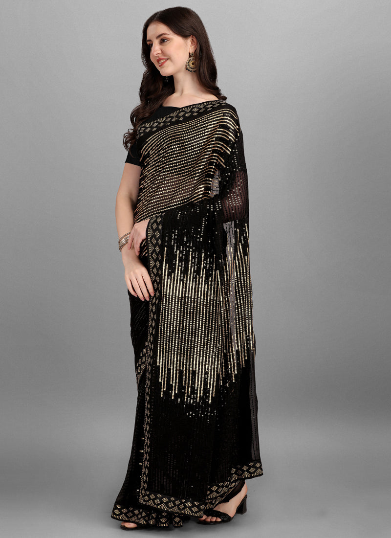 Gold & Black Georgette Sequins Work Woven Saree