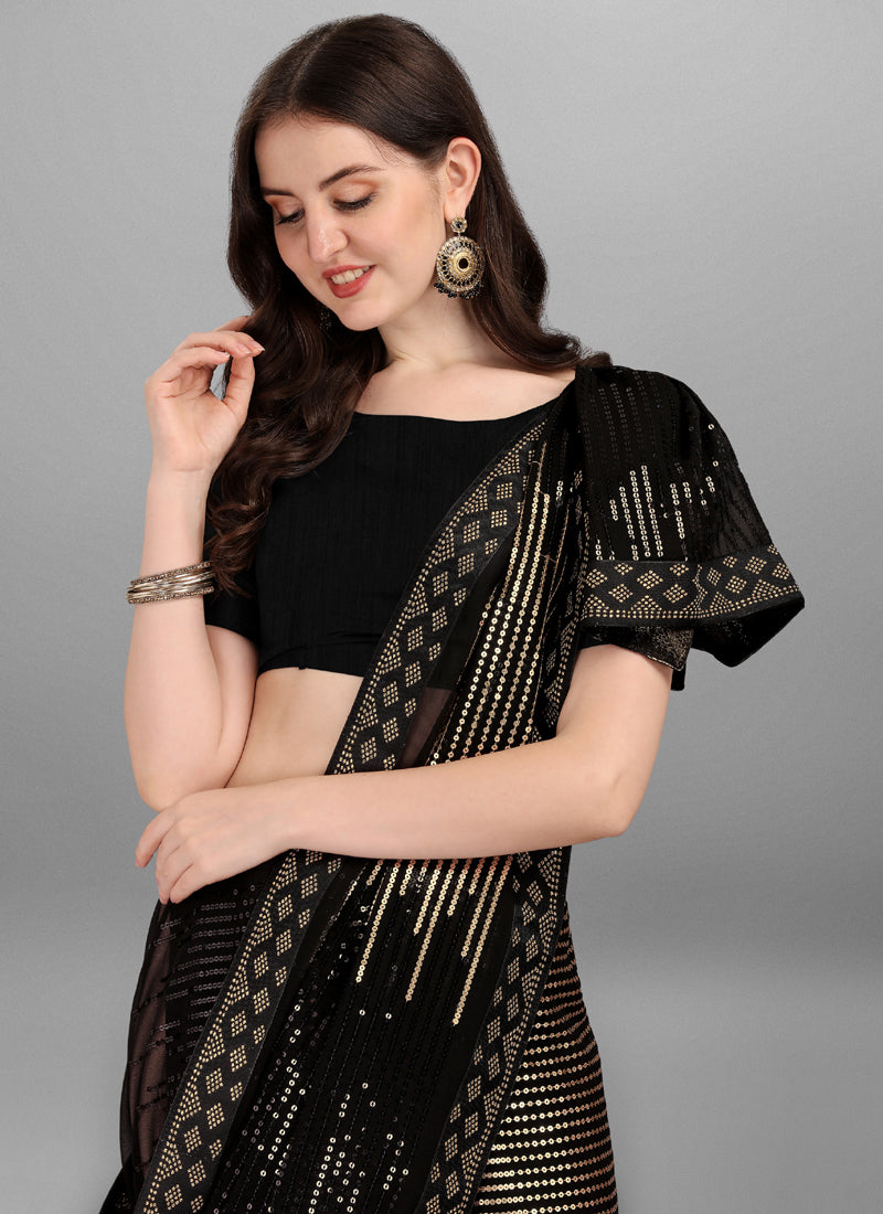 Gold & Black Georgette Sequins Work Woven Saree