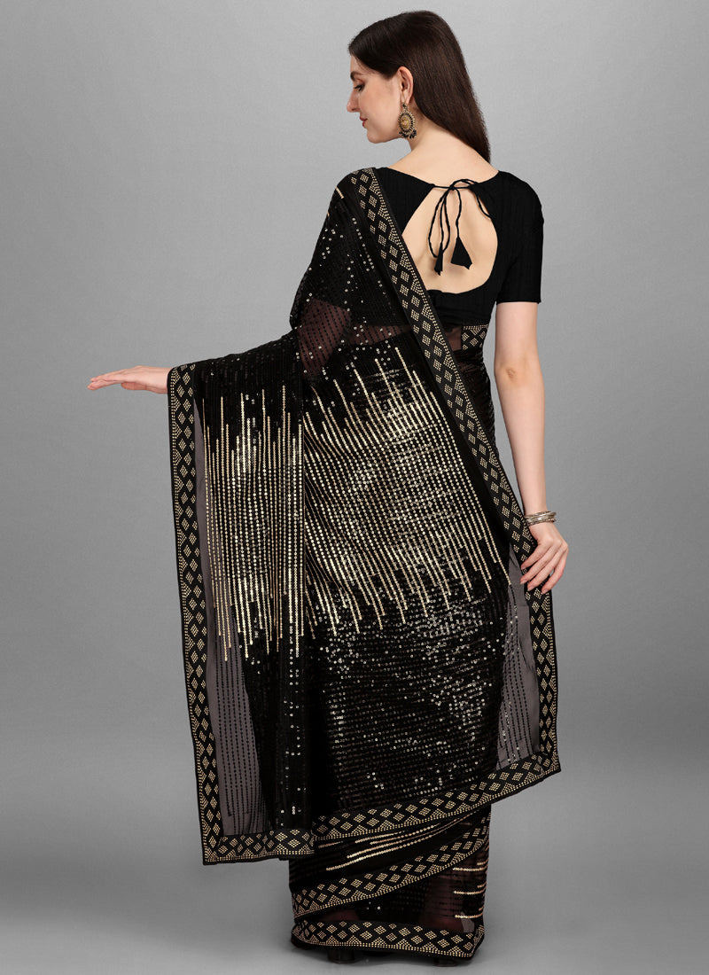 Gold & Black Georgette Sequins Work Woven Saree