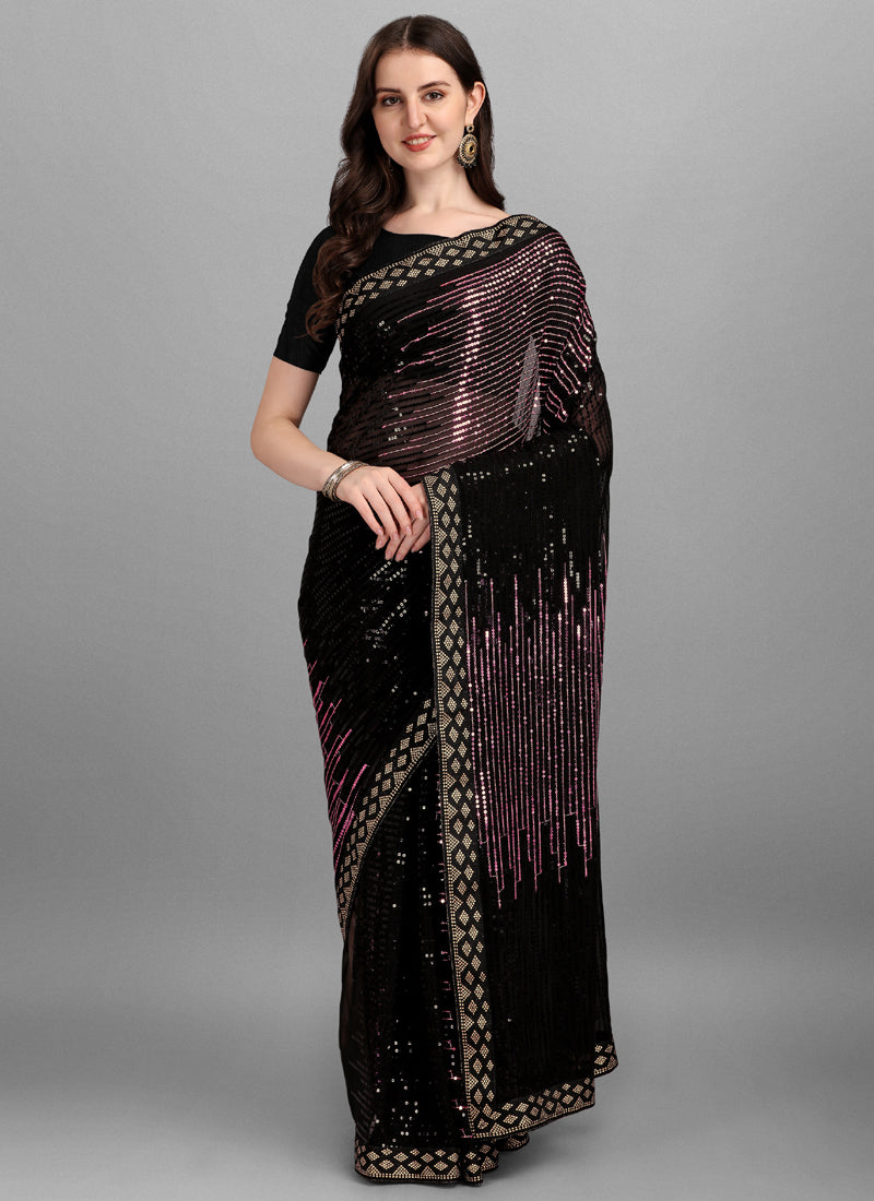 Pink & Black Georgette Lace Border Woven Saree