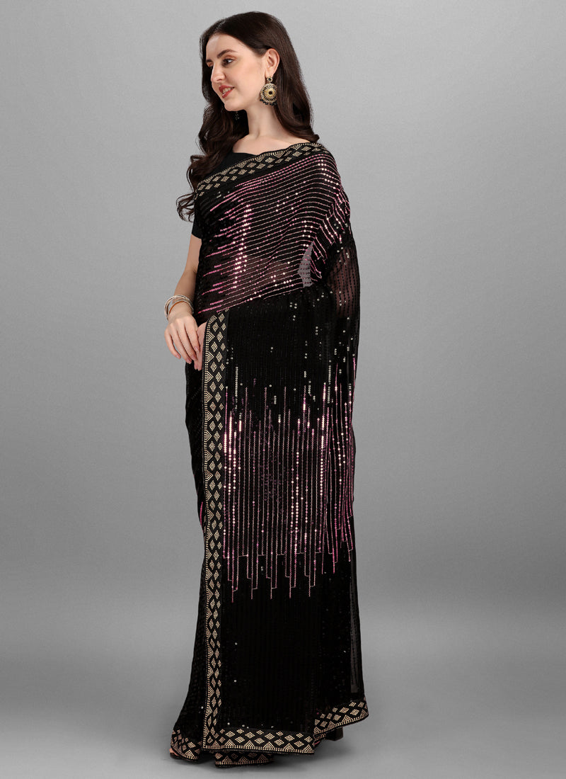 Pink & Black Georgette Lace Border Woven Saree