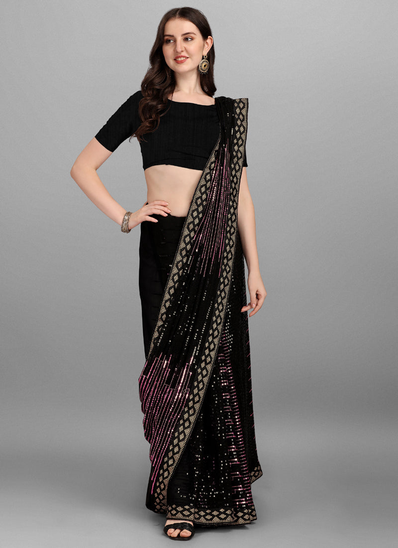 Pink & Black Georgette Lace Border Woven Saree