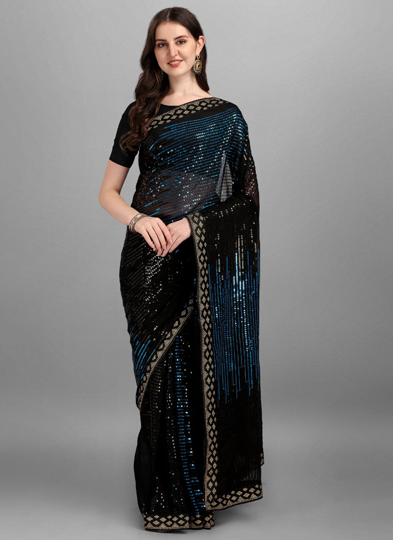 Blue & Black Georgette Sequins Work Woven Saree