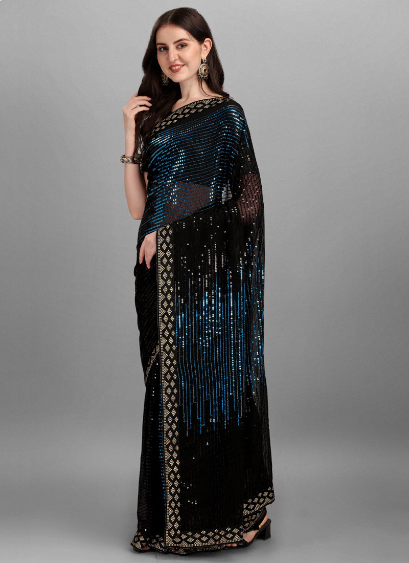 Blue & Black Georgette Sequins Work Woven Saree