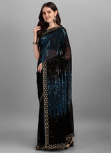 Blue & Black Georgette Sequins Work Woven Saree