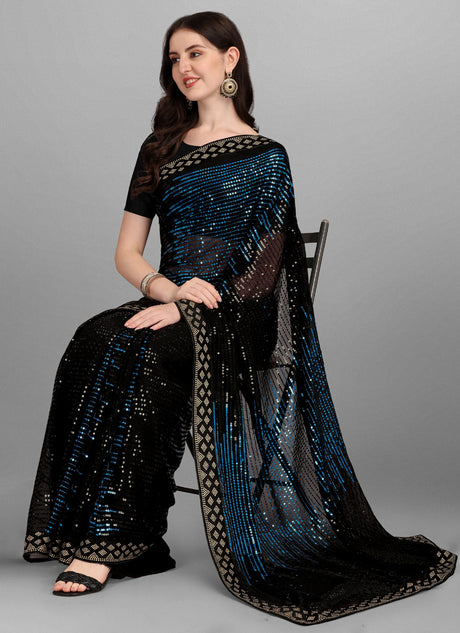 Blue & Black Georgette Sequins Work Woven Saree